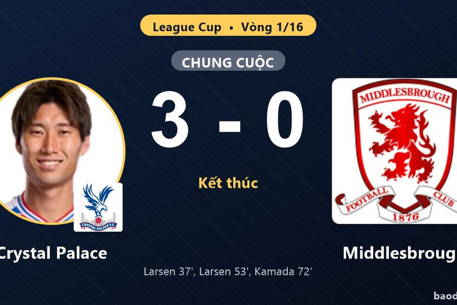 Crystal Palace vào vòng 1/8 League Cup sau trận thắng 3-0, Middlesbrough dừng bước