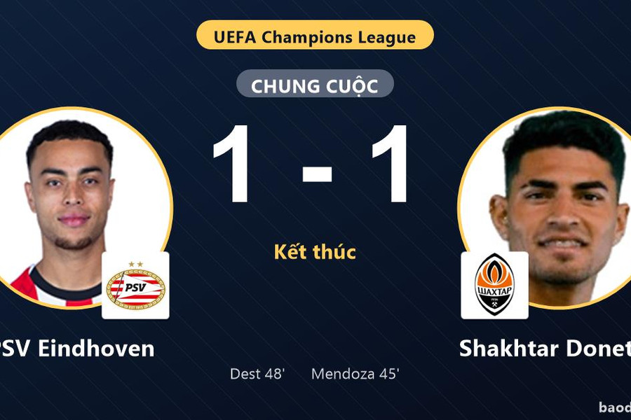 Bất phân thắng bại tại Philips Stadion, PSV Eindhoven và Shakhtar Donetsk chia điểm trận ra quân
