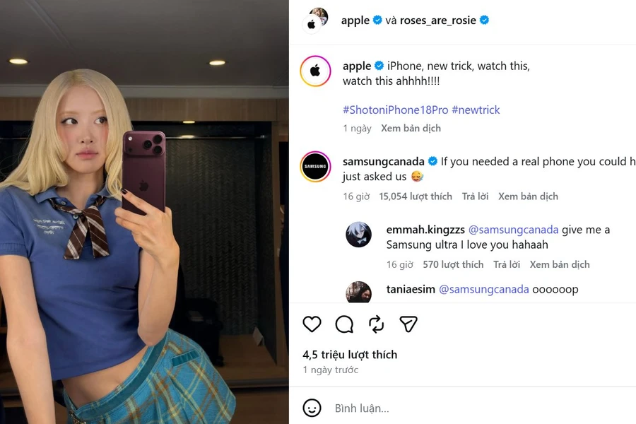 Samsung công khai bình luận khiêu khích Apple dưới bài đăng khoe iPhone 18 Pro của Rosé